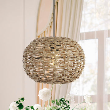 Isla 14" Farmhouse Coastal Rattan 180" Cord Plug-In or Hardwired LED Pendant - JONATHAN Y
